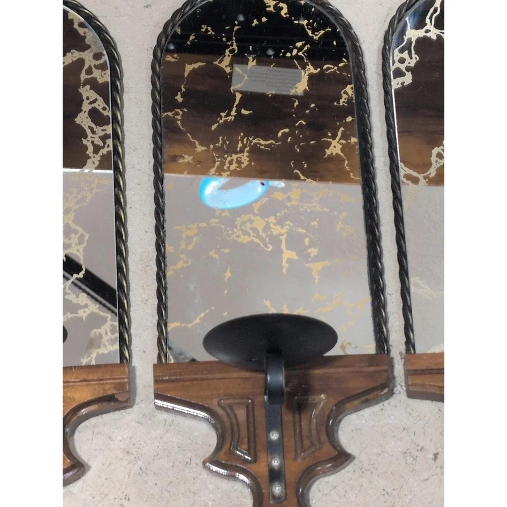 Vtg 3 Homco Mcm Gothic Spanish Smoked Mirrored Candle Wall Sconce Wood Metal